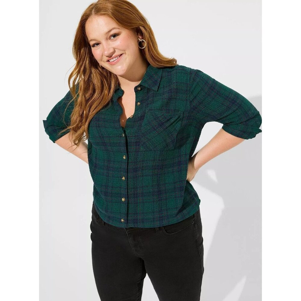 Torrid Lizzie Crinkle Flannel Gauze Button Up Top Womens Size 4X Preppy Work Grn